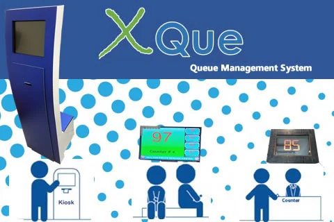 xQue hardware line-up &mdash; kiosk, counter, display